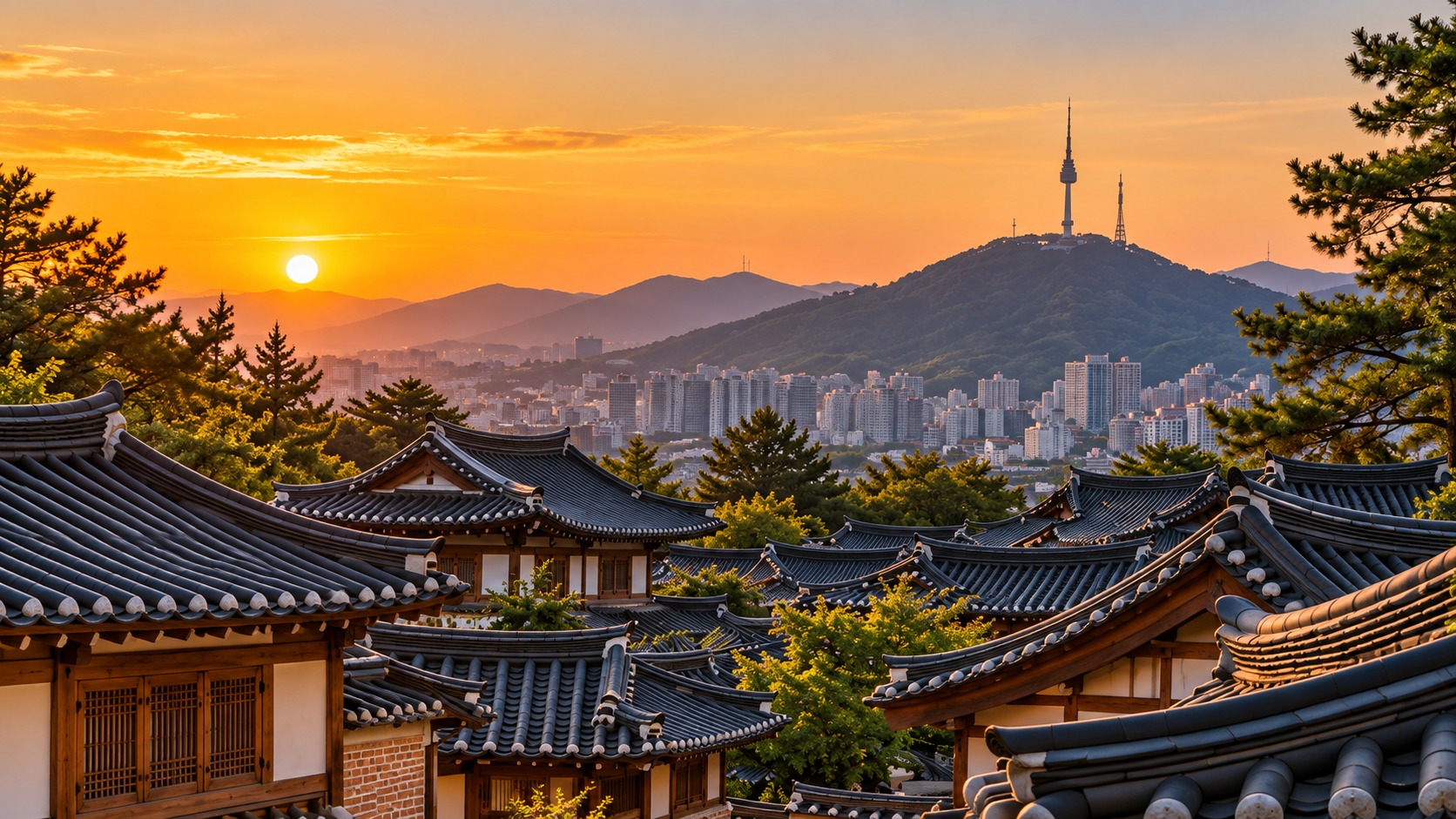 Seoul sunset view and hanok roof view
